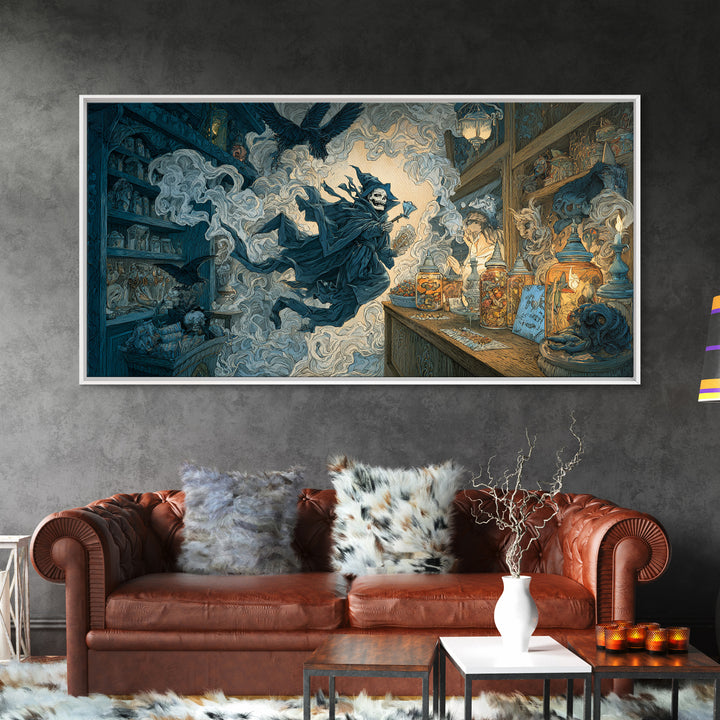 The Goblin Candy Shop, Macabre Folk Print Art, Wide Panoramic Art, Gothic Horror Wall Art, Framed Canvas Print