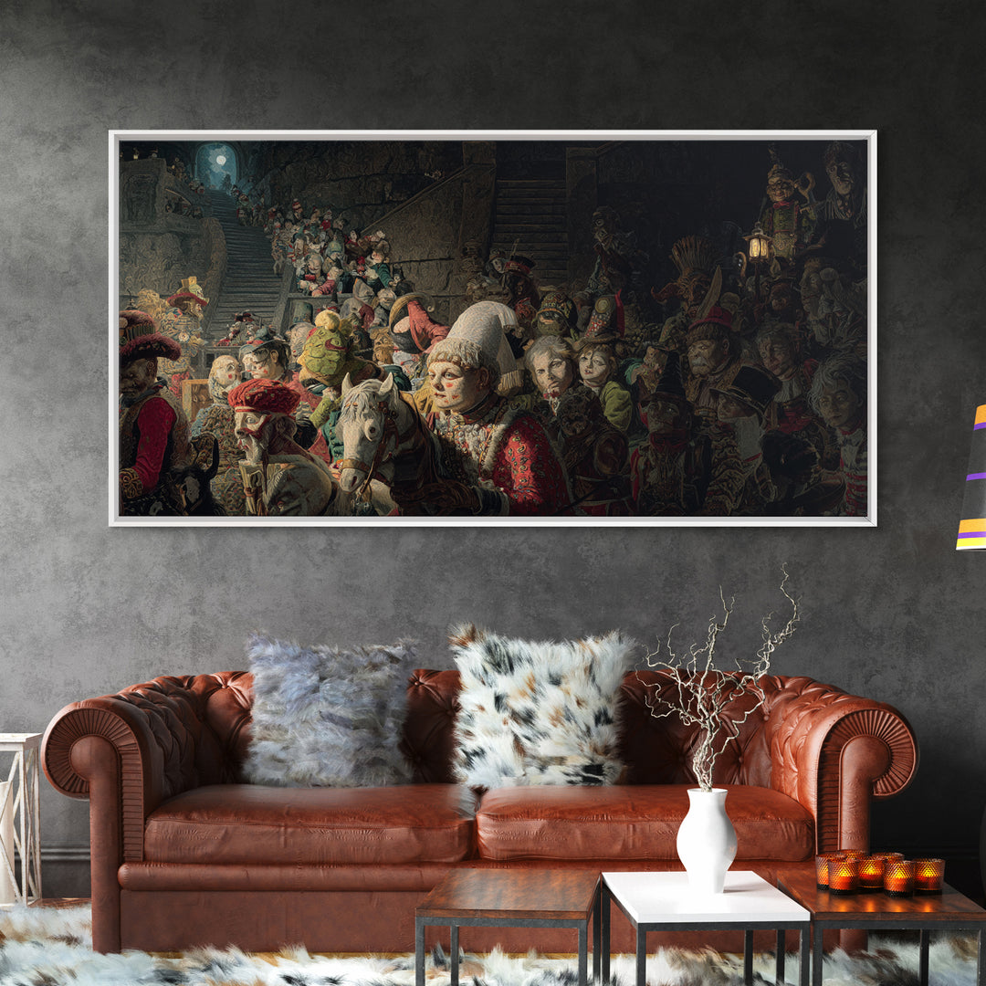 The Haunted Toy Parade, Architectural Etching Art, Wide Panoramic Art, Macabre Wall Art, Canvas Print, Halloween Wall Art