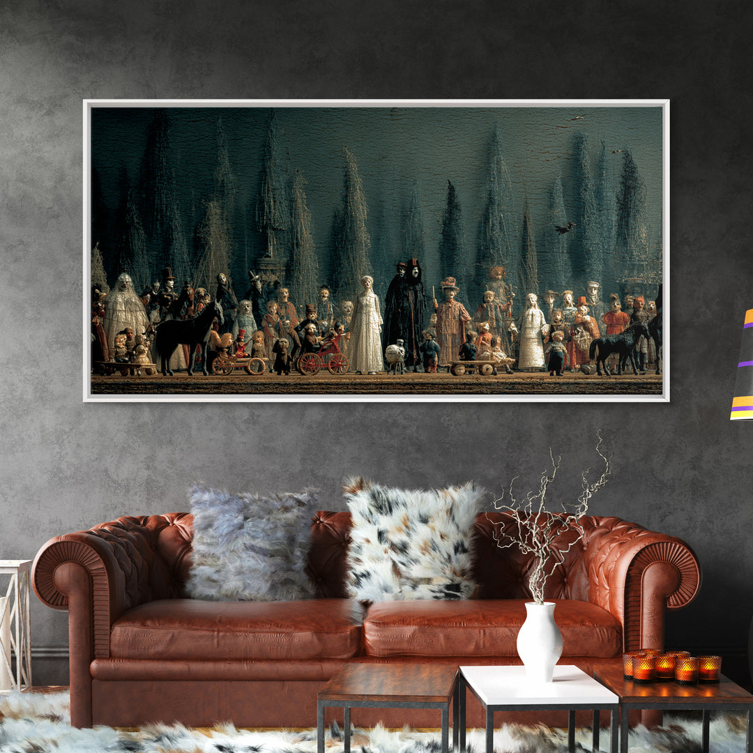 The Haunted Toy Parade, Symbolist Gothic Landscape, Wide Panoramic Art, Gothic Horror Wall Art, Framed Canvas Print, Halloween Wall Art