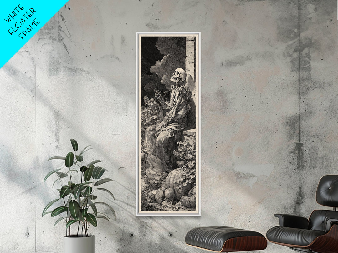 The Skeleton Gardeners, Gothic Engraving Art, Tall Narrow Wall Art, Dark Halloween Decor, Framed Canvas Print, Halloween Wall Art