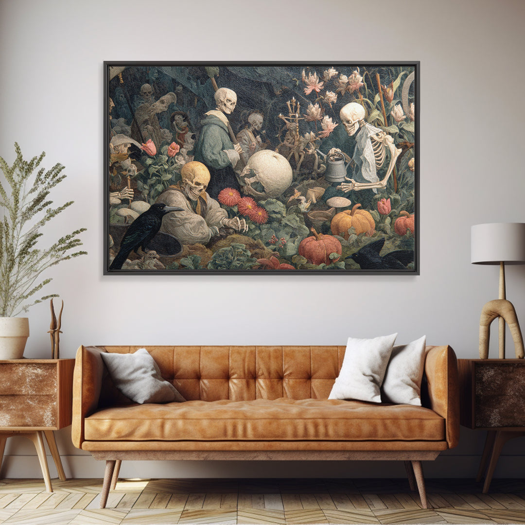 The Skeleton Gardeners, Medieval Grotesque Art, Landscape Wall Art, Dark Fantasy Wall Art, Canvas Print, Halloween Wall Art