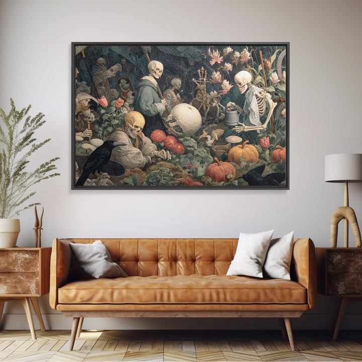 The Skeleton Gardeners, Medieval Grotesque Art, Landscape Wall Art, Dark Fantasy Wall Art, Canvas Print, Halloween Wall Art
