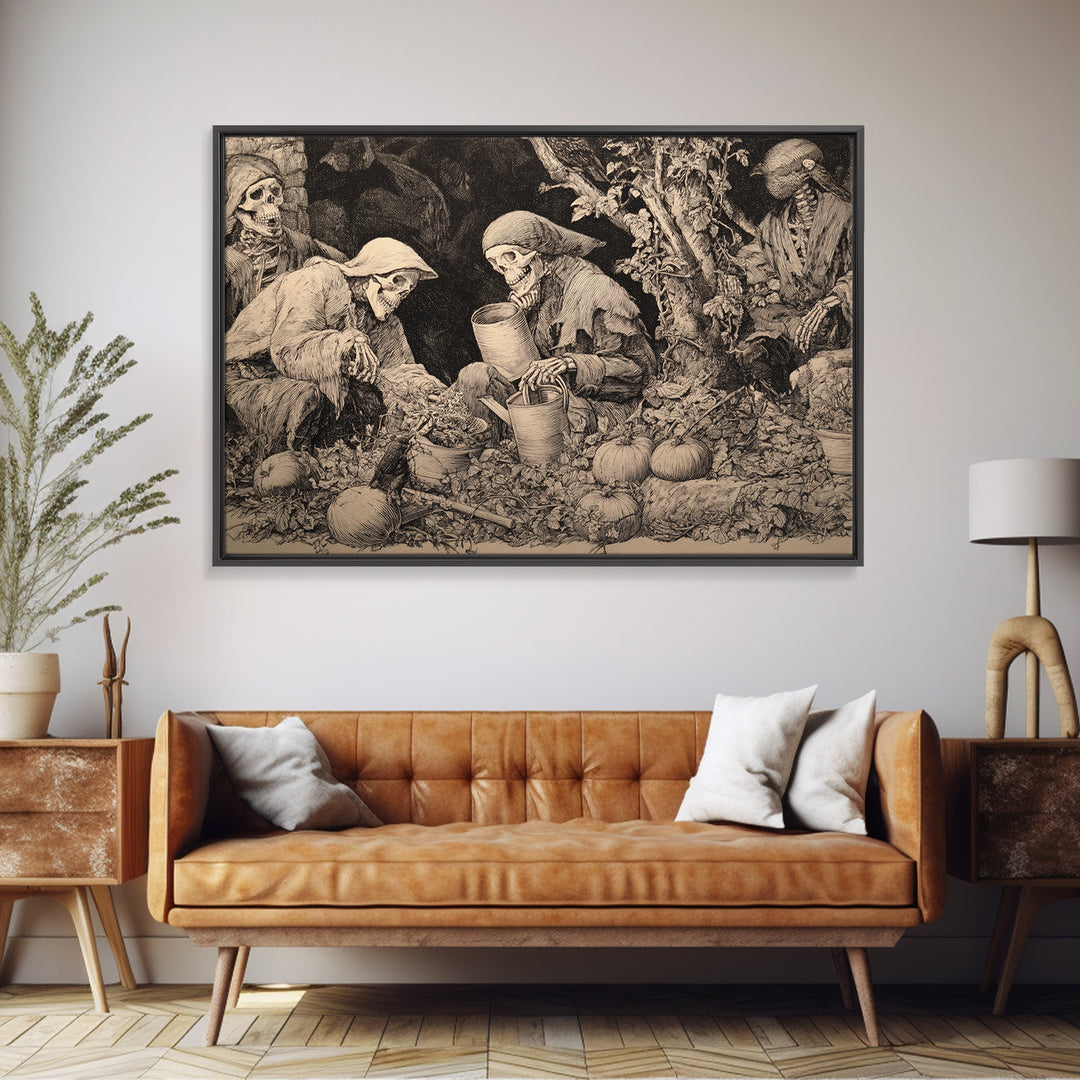 The Skeleton Gardeners, Renaissance Engraving Art, Landscape Wall Art, Dark Fantasy Wall Art, Canvas Print, Halloween Wall Art