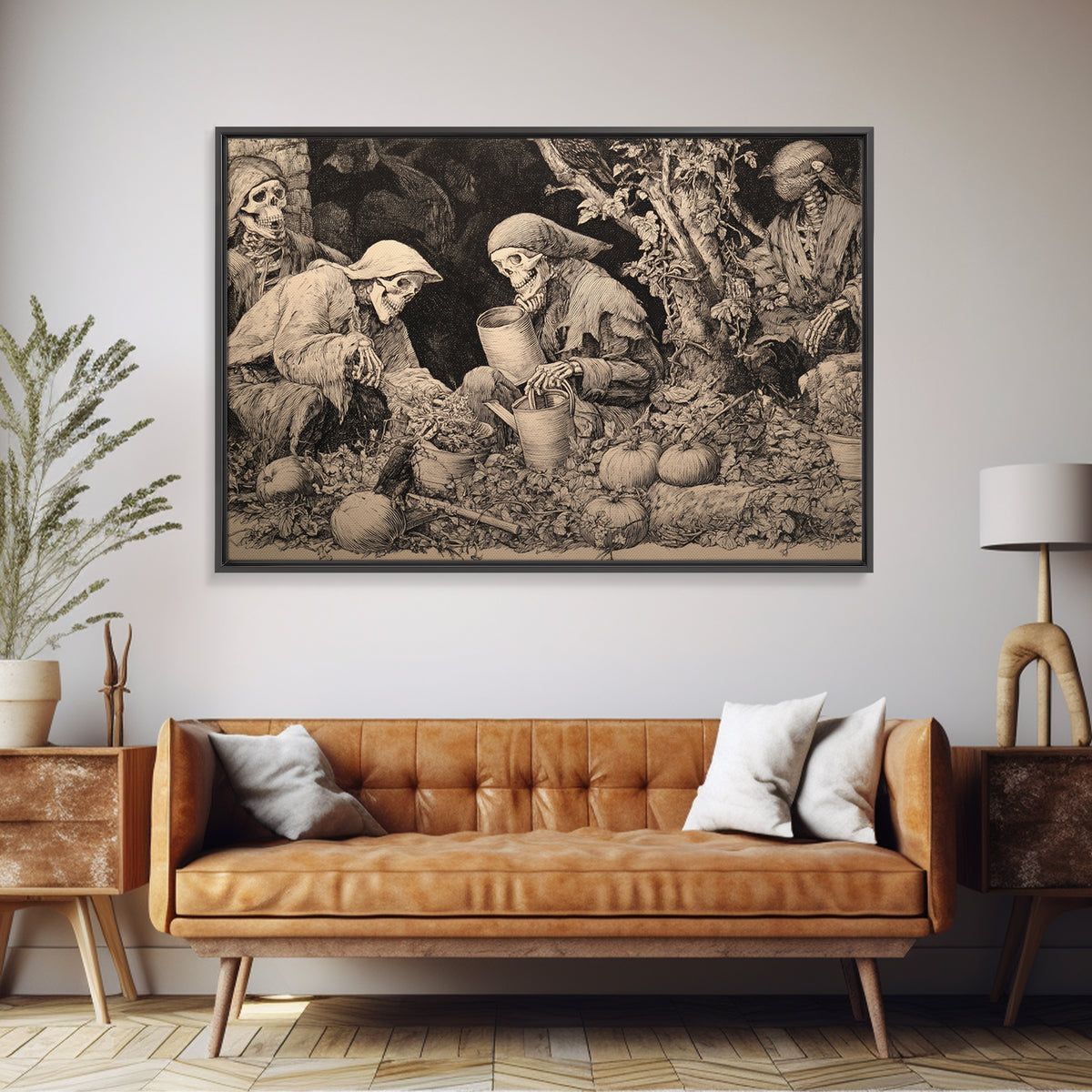 The Skeleton Gardeners, Renaissance Engraving Art, Landscape Wall Art, Dark Fantasy Wall Art, Canvas Print, Halloween Wall Art