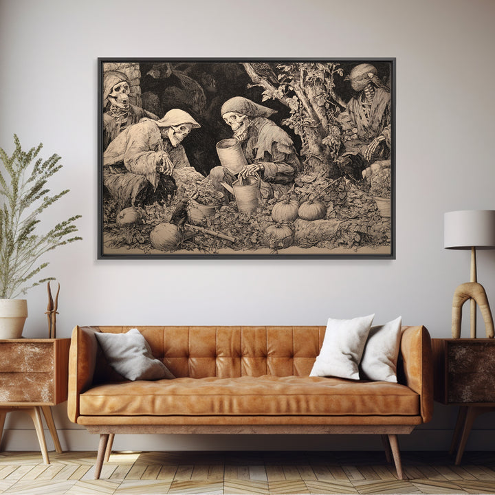 The Skeleton Gardeners, Renaissance Engraving Art, Landscape Wall Art, Dark Fantasy Wall Art, Canvas Print, Halloween Wall Art