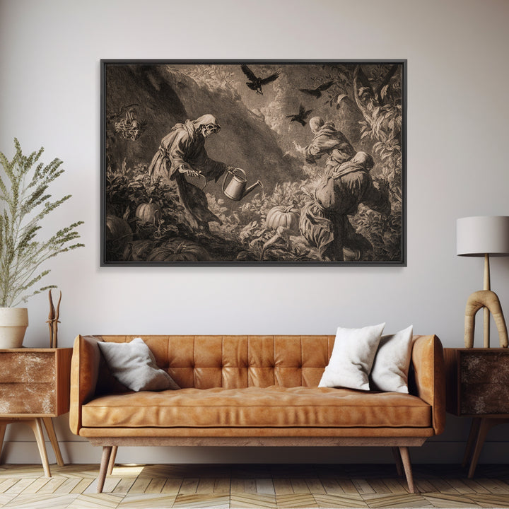 The Skeleton Gardeners, Baroque Witchcraft Art, Landscape Wall Art, Dark Fantasy Wall Art, Canvas Print, Halloween Wall Art