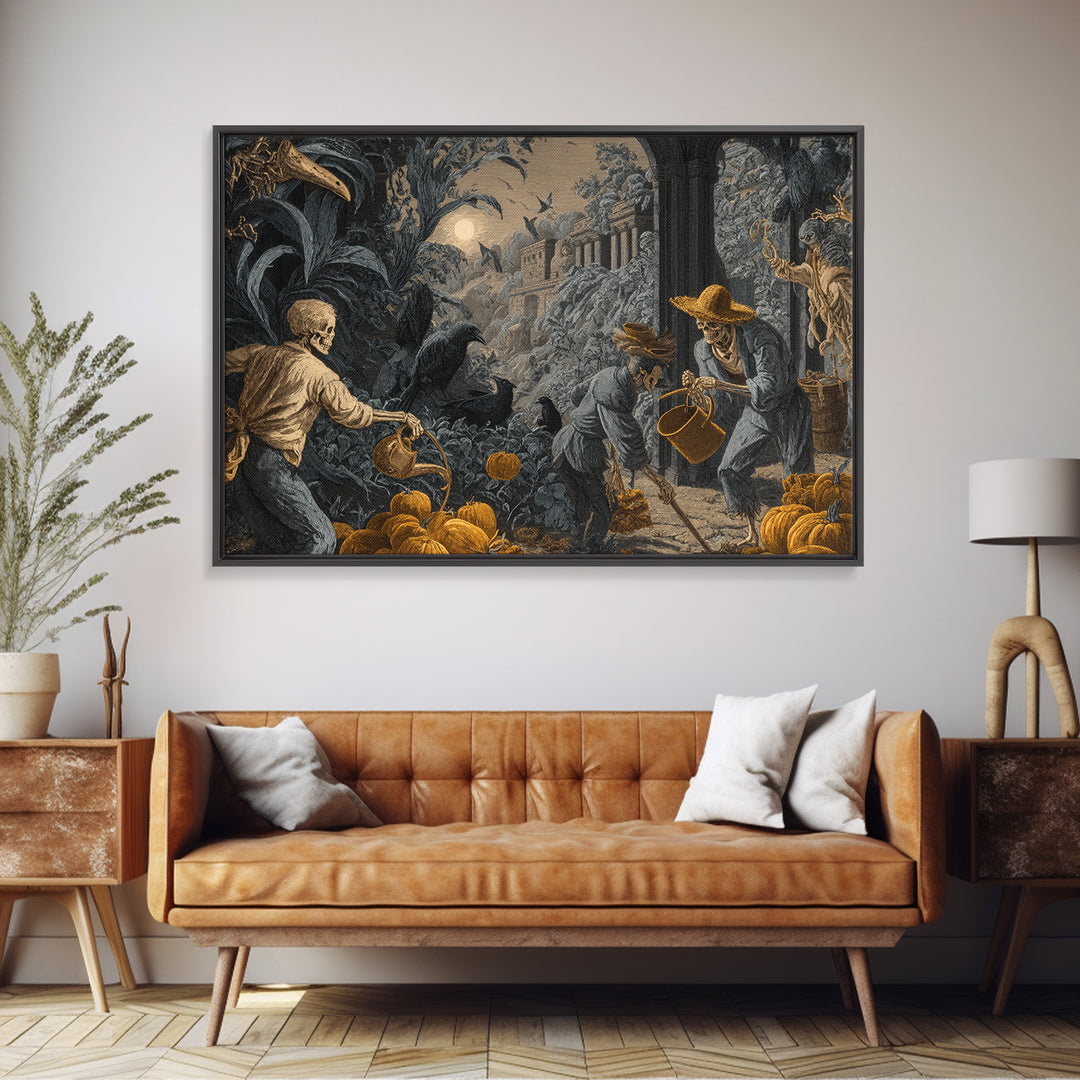 The Skeleton Gardeners, Architectural Etching Art, Landscape Wall Art, Dark Halloween Decor, Canvas Print, Halloween Wall Art