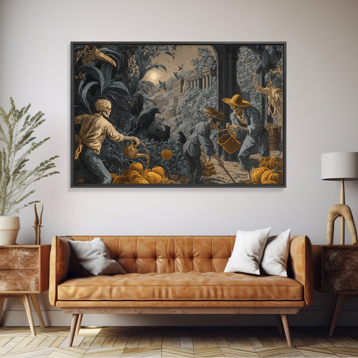 The Skeleton Gardeners, Architectural Etching Art, Landscape Wall Art, Dark Halloween Decor, Canvas Print, Halloween Wall Art