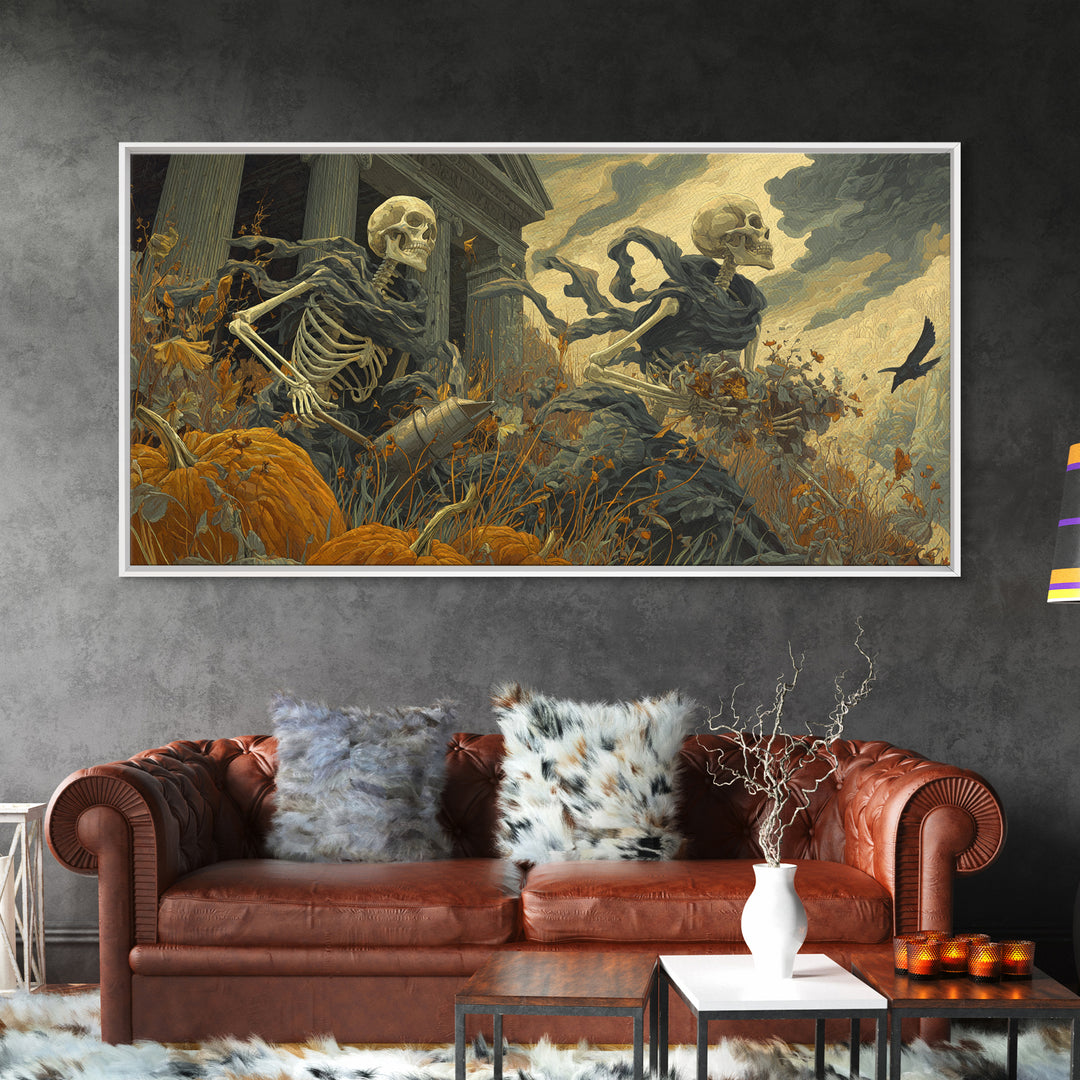 The Skeleton Gardeners, Apocalyptic Romantic Art, Wide Panoramic Art, Gothic Horror Wall Art, Framed Canvas Print, Halloween Wall Art
