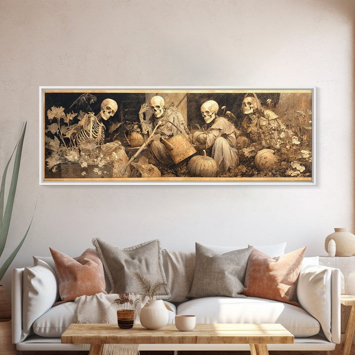 The Skeleton Gardeners, Ornate Symbolist Art, Extra Wide Wall Art, Dark Fantasy Wall Art, Canvas Print, Halloween Wall Art