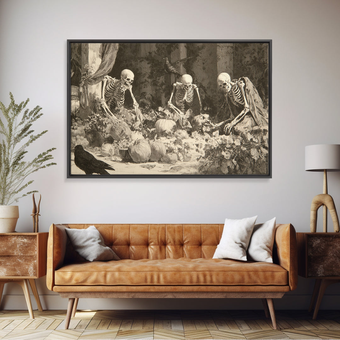 The Skeleton Gardeners, Decadent Gothic Art, Landscape Wall Art, Gothic Horror Wall Art, Framed Canvas Print, Halloween Wall Art