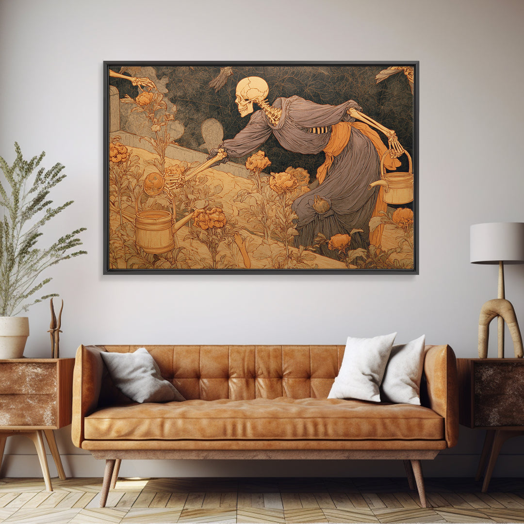 The Skeleton Gardeners, Symbolist Death Art, Landscape Wall Art, Dark Halloween Decor, Framed Canvas Print, Halloween Wall Art