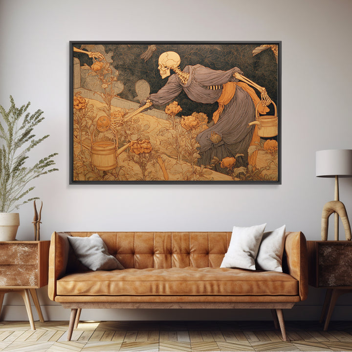 The Skeleton Gardeners, Symbolist Death Art, Landscape Wall Art, Dark Halloween Decor, Framed Canvas Print, Halloween Wall Art