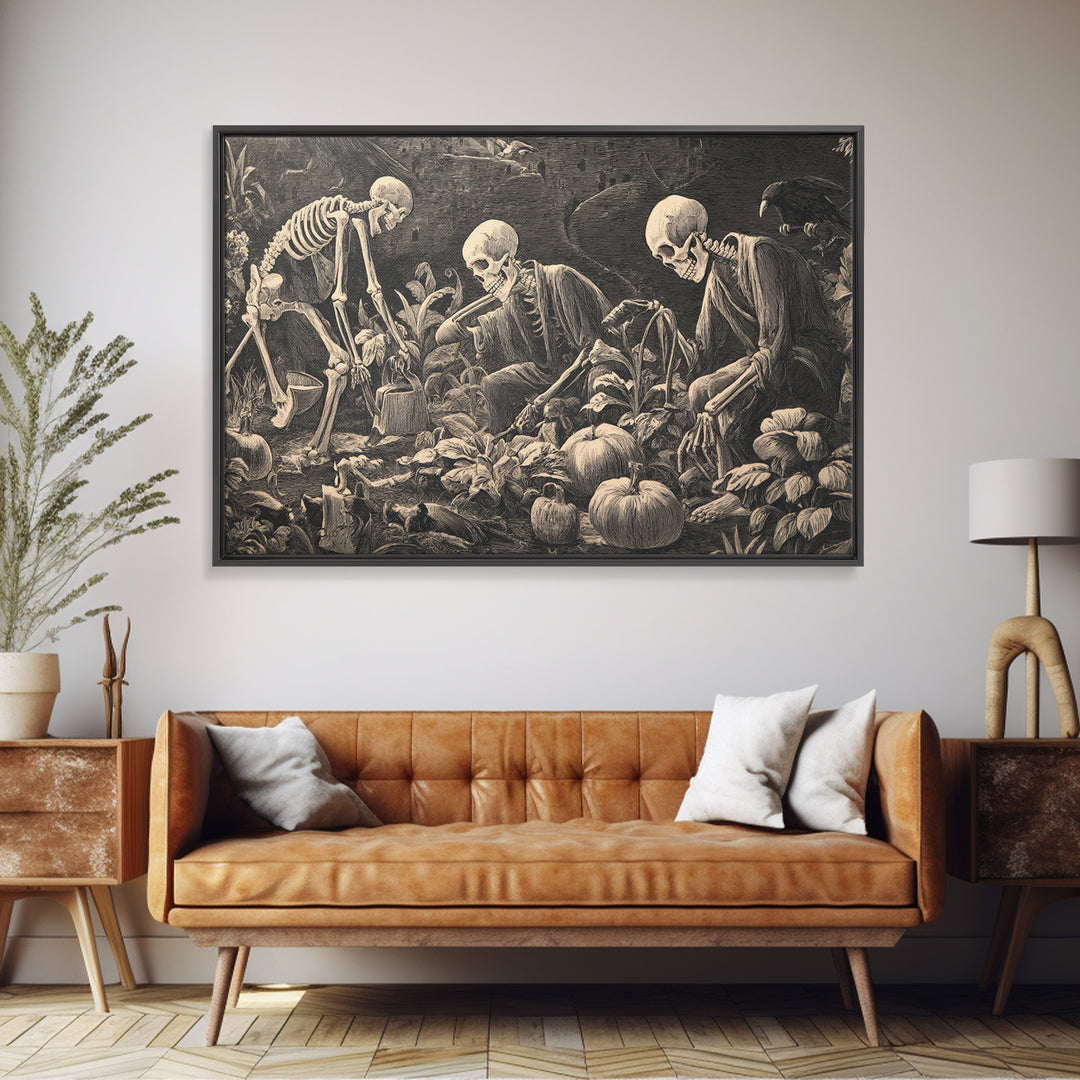 The Skeleton Gardeners, Symbolist Etching Art, Landscape Wall Art, Gothic Horror Wall Art, Framed Canvas Print, Halloween Wall Art