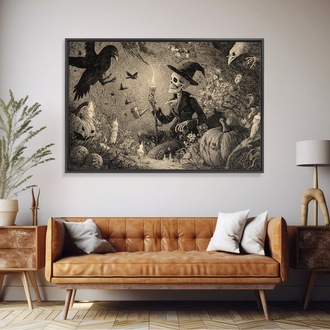 The Skeleton Gardeners, Expressionist Nightmare Art, Landscape Wall Art, Dark Fantasy Wall Art, Framed Canvas Print, Halloween Wall Art