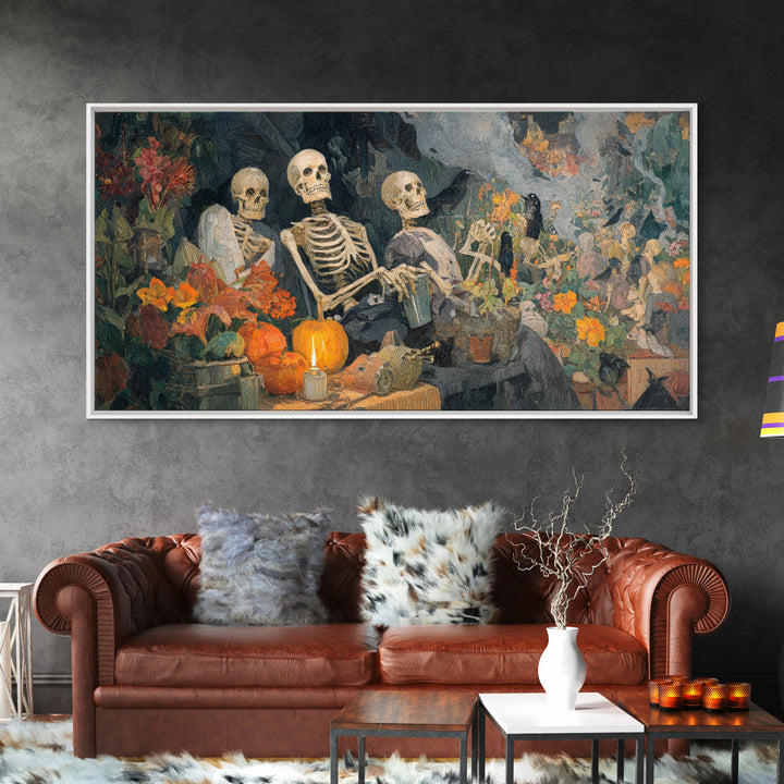 The Skeleton Gardeners, Grotesque Carnival Art, Wide Panoramic Art, Gothic Horror Wall Art, Framed Canvas Print, Halloween Wall Art