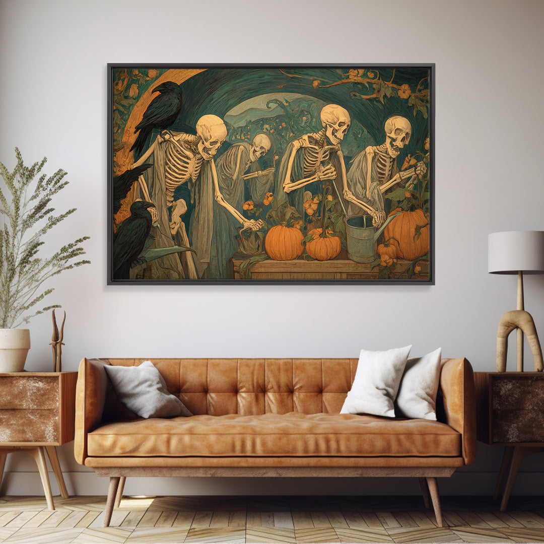 The Skeleton Gardeners, Expressionist Gothic Art, Landscape Wall Art, Dark Fantasy Wall Art, Framed Canvas Print, Halloween Wall Art