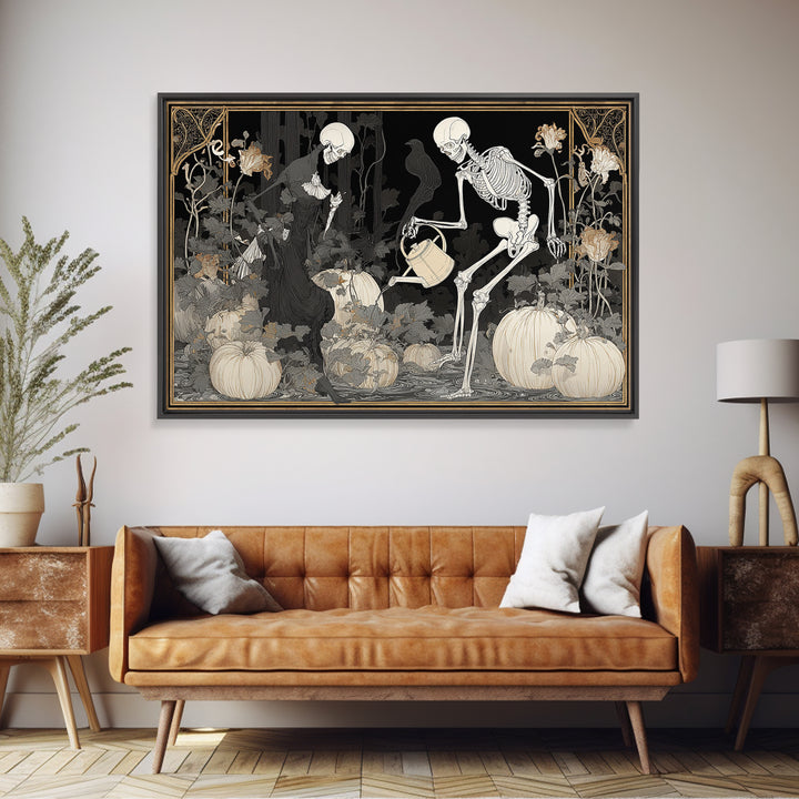 The Skeleton Gardeners, Decadent Line Art, Landscape Wall Art, Gothic Horror Wall Art, Framed Canvas Print, Halloween Wall Art