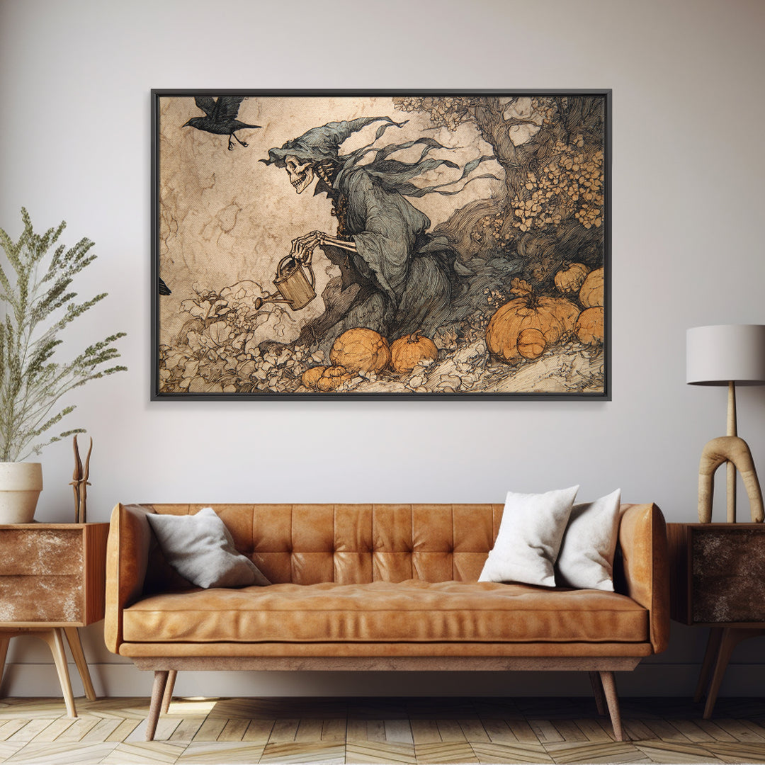 The Skeleton Gardeners, Gothic Storybook Art, Landscape Wall Art, Gothic Horror Wall Art, Canvas Print, Halloween Wall Art