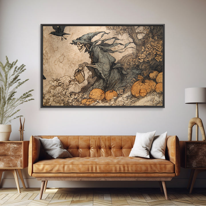 The Skeleton Gardeners, Gothic Storybook Art, Landscape Wall Art, Gothic Horror Wall Art, Canvas Print, Halloween Wall Art
