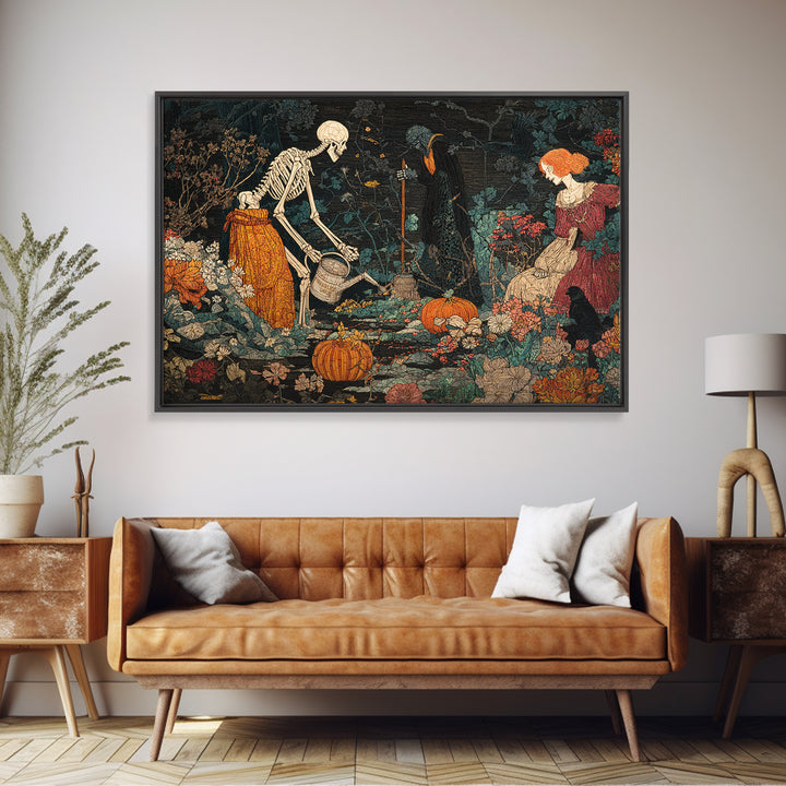The Skeleton Gardeners, Stained Glass Gothic Art, Landscape Wall Art, Gothic Horror Wall Art, Canvas Print, Halloween Wall Art