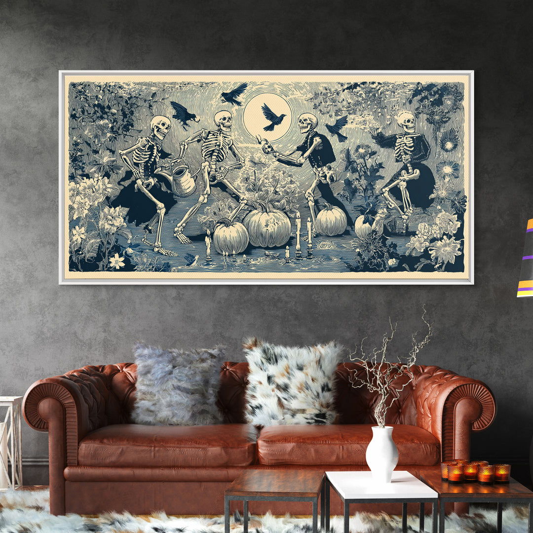 The Skeleton Gardeners, Macabre Folk Print Art, Wide Panoramic Art, Macabre Wall Art, Canvas Print, Halloween Wall Art