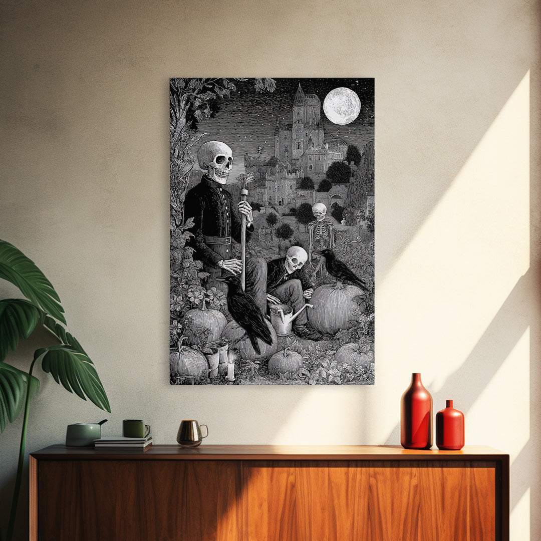 The Skeleton Gardeners, Victorian Macabre Art, Vertical Wall Art, Dark Fantasy Wall Art, Canvas Print, Halloween Wall Art