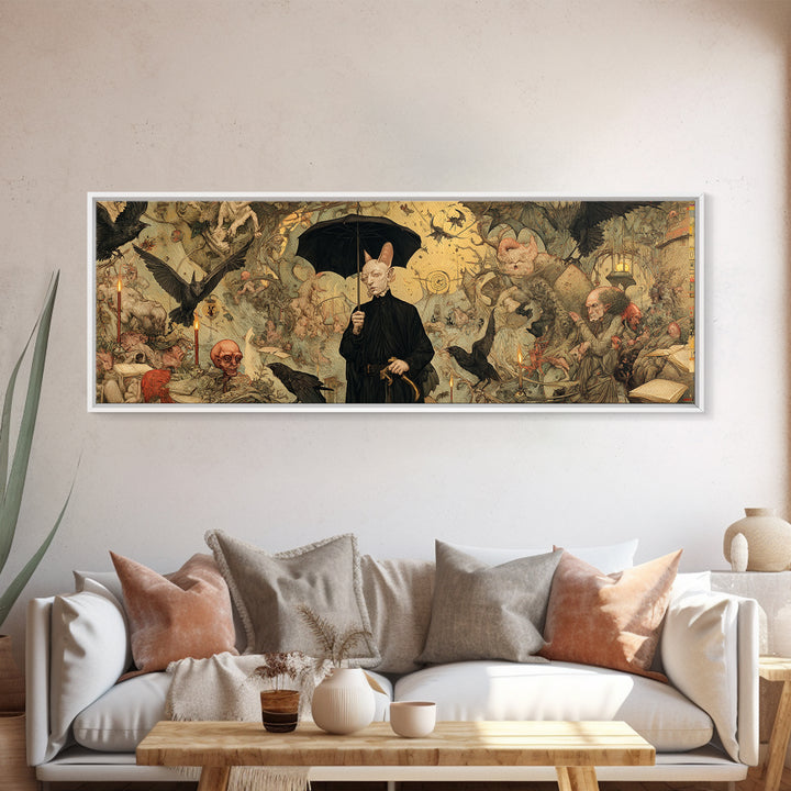 The Bat Umbrella Salesman, Medieval Grotesque Art, Extra Wide Wall Art, Gothic Horror Wall Art, Canvas Print, Halloween Wall Art