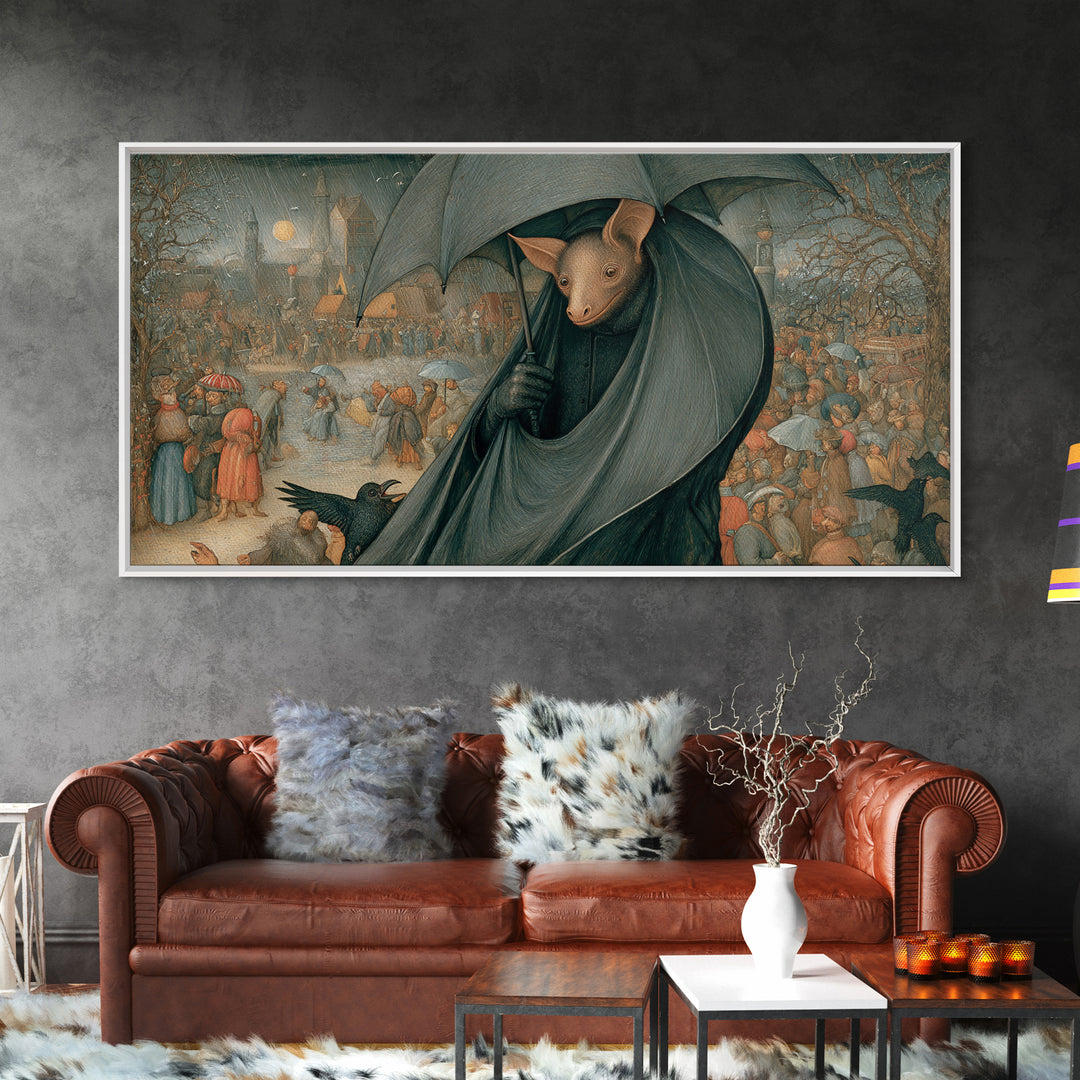 The Bat Umbrella Salesman, Northern Renaissance Horror, Wide Panoramic Art, Gothic Horror Wall Art, Framed Canvas Print