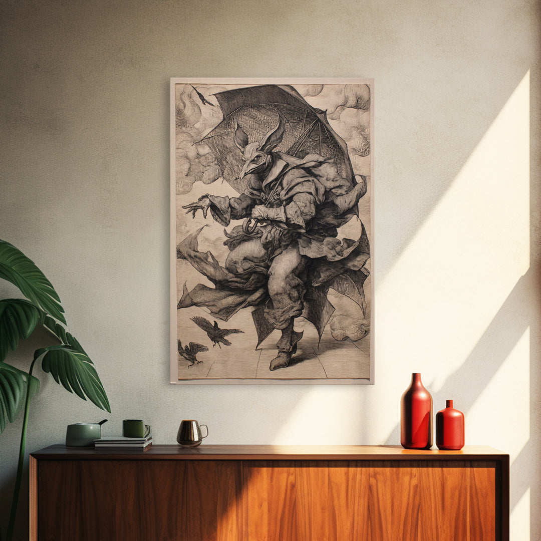 The Bat Umbrella Salesman, Renaissance Engraving Art, Vertical Wall Art, Dark Halloween Decor, Framed Canvas Print, Halloween Wall Art