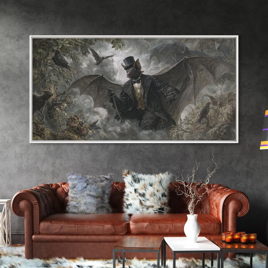 The Bat Umbrella Salesman, Baroque Witchcraft Art, Wide Panoramic Art, Dark Fantasy Wall Art, Canvas Print, Halloween Wall Art