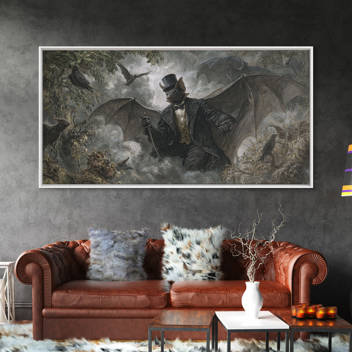 The Bat Umbrella Salesman, Baroque Witchcraft Art, Wide Panoramic Art, Dark Fantasy Wall Art, Canvas Print, Halloween Wall Art