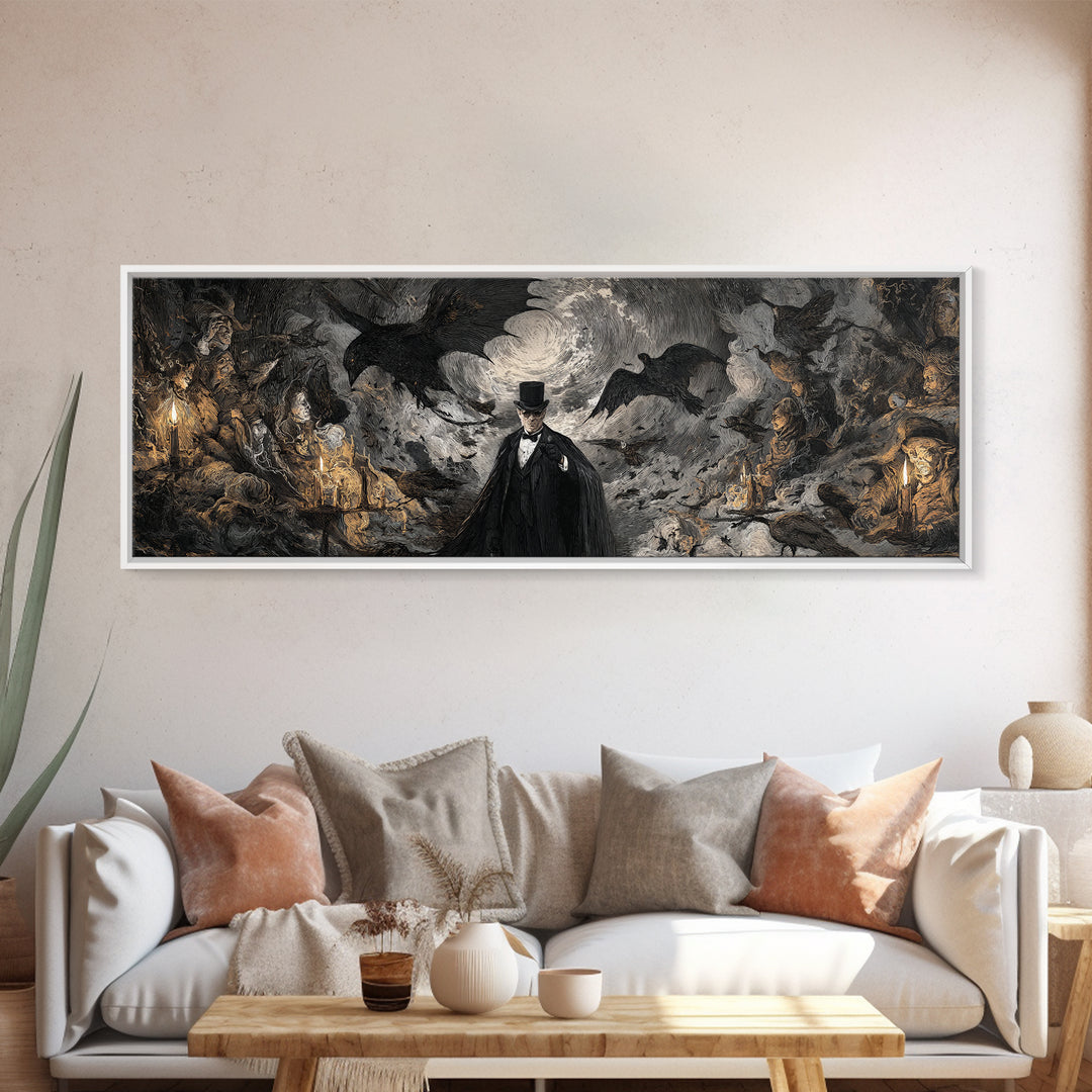 The Bat Umbrella Salesman, Dark Romantic Horror Art, Extra Wide Wall Art, Dark Halloween Decor, Canvas Print, Halloween Wall Art