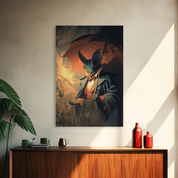 The Bat Umbrella Salesman, Gothic Nightmare Art, Vertical Wall Art, Dark Halloween Decor, Canvas Print, Halloween Wall Art