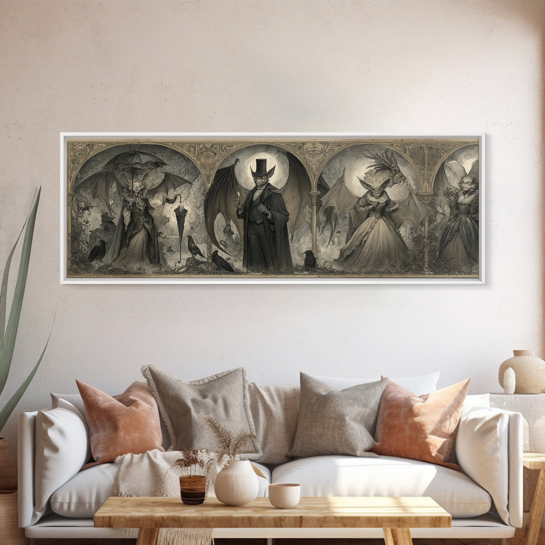 The Bat Umbrella Salesman, Visionary Gothic Art, Extra Wide Wall Art, Dark Halloween Decor, Framed Canvas Print, Halloween Wall Art