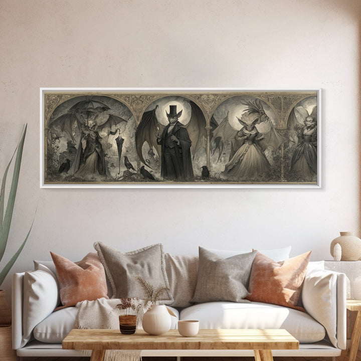 The Bat Umbrella Salesman, Visionary Gothic Art, Extra Wide Wall Art, Dark Halloween Decor, Framed Canvas Print, Halloween Wall Art