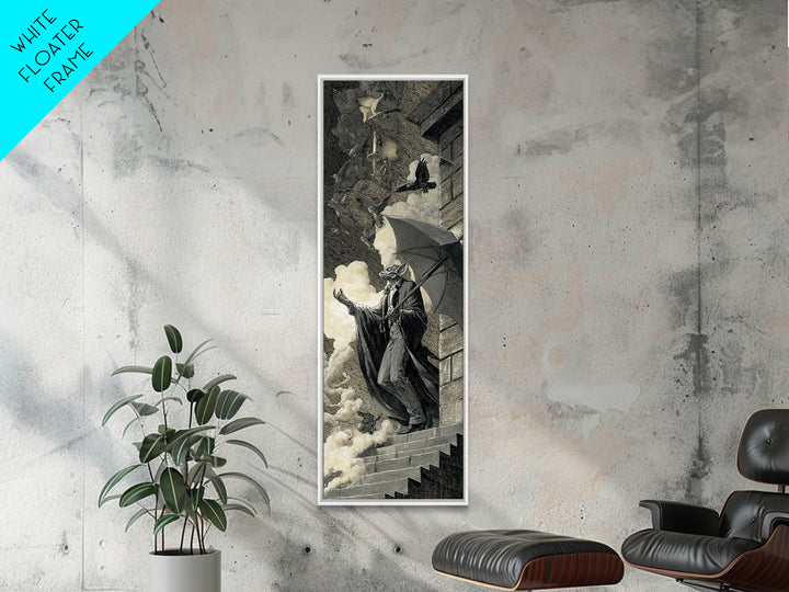 The Bat Umbrella Salesman, Architectural Etching Art, Tall Narrow Wall Art, Macabre Wall Art, Framed Canvas Print