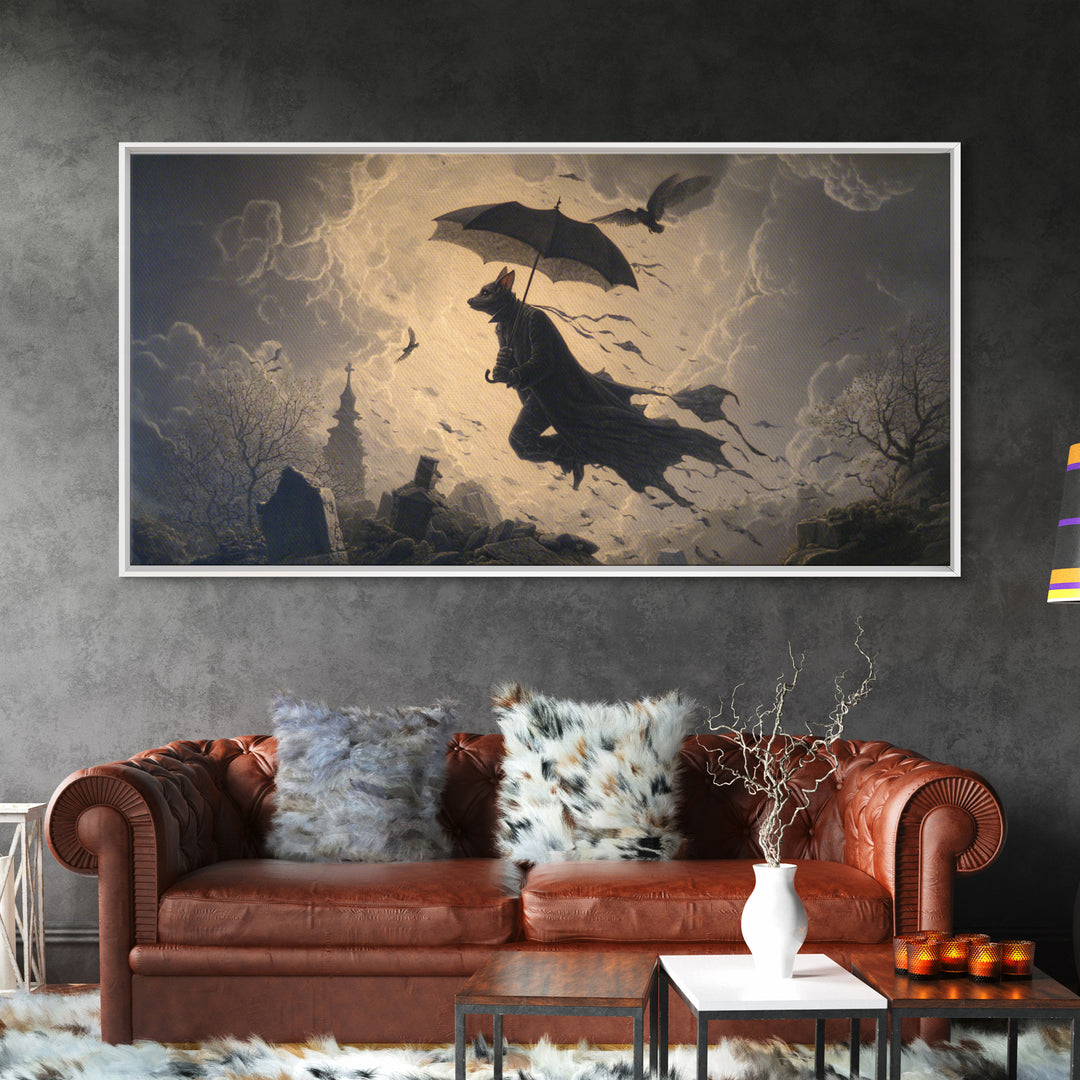The Bat Umbrella Salesman, Romantic Gothic Landscape, Wide Panoramic Art, Dark Fantasy Wall Art, Canvas Print, Halloween Wall Art