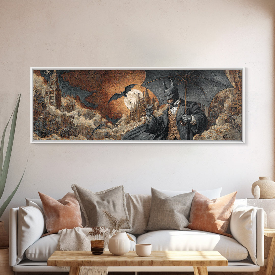 The Bat Umbrella Salesman, Apocalyptic Romantic Art, Extra Wide Wall Art, Macabre Wall Art, Framed Canvas Print, Halloween Wall Art
