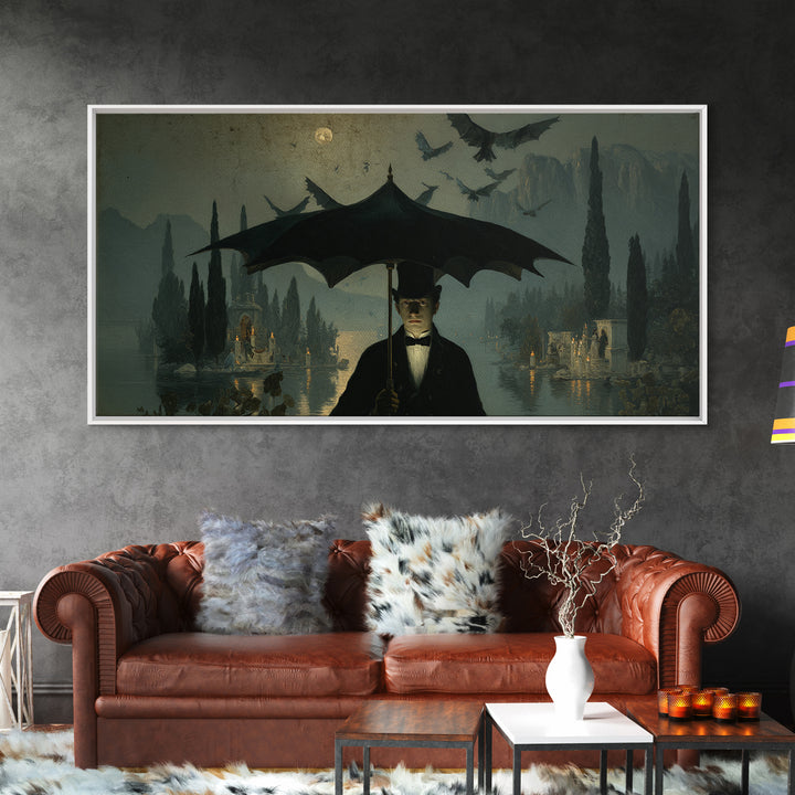 The Bat Umbrella Salesman, Symbolist Gothic Landscape, Wide Panoramic Art, Dark Halloween Decor, Canvas Print, Halloween Wall Art