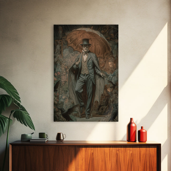 The Bat Umbrella Salesman, Ornate Symbolist Art, Vertical Wall Art, Gothic Horror Wall Art, Framed Canvas Print, Halloween Wall Art