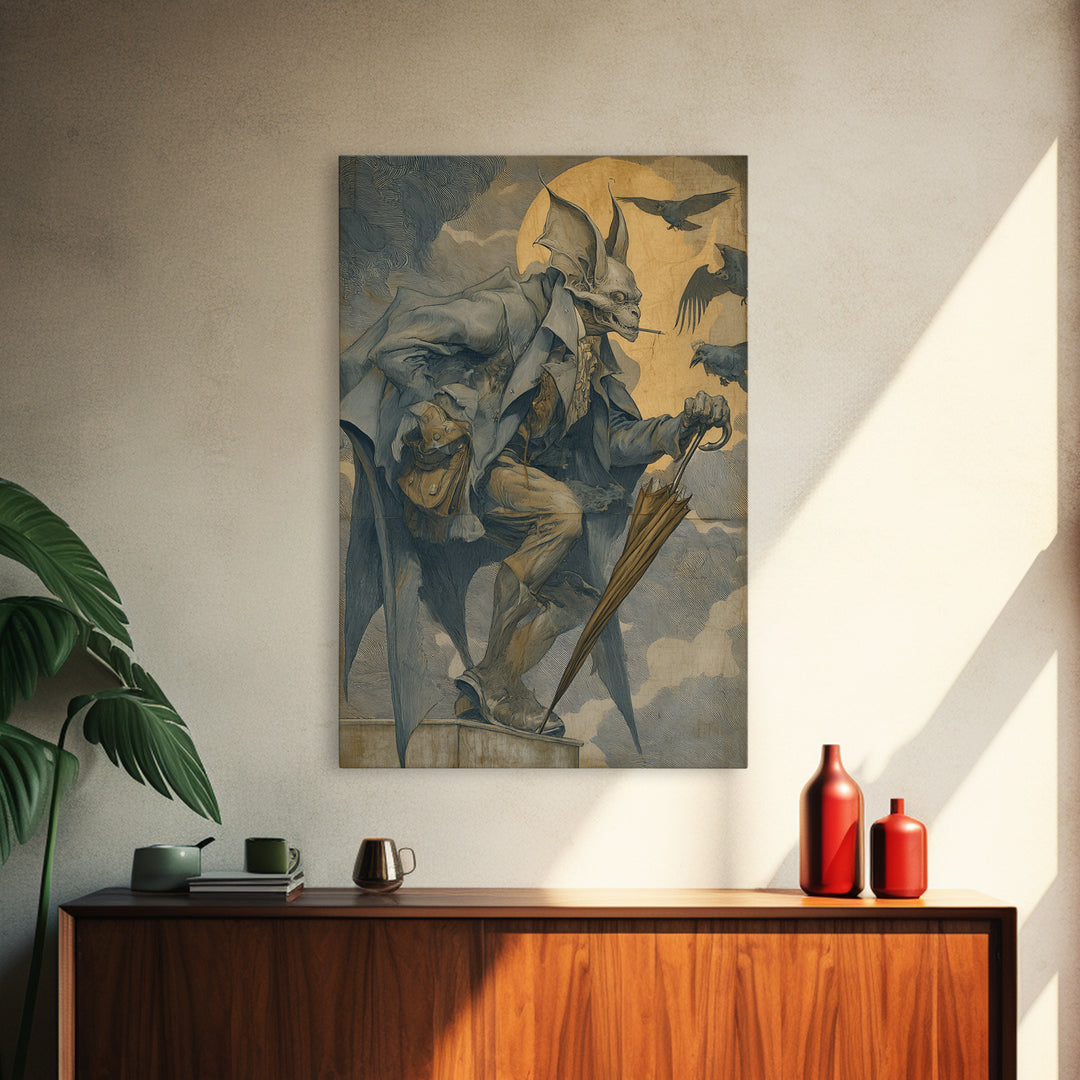 The Bat Umbrella Salesman, Decadent Gothic Art, Vertical Wall Art, Macabre Wall Art, Canvas Print, Halloween Wall Art