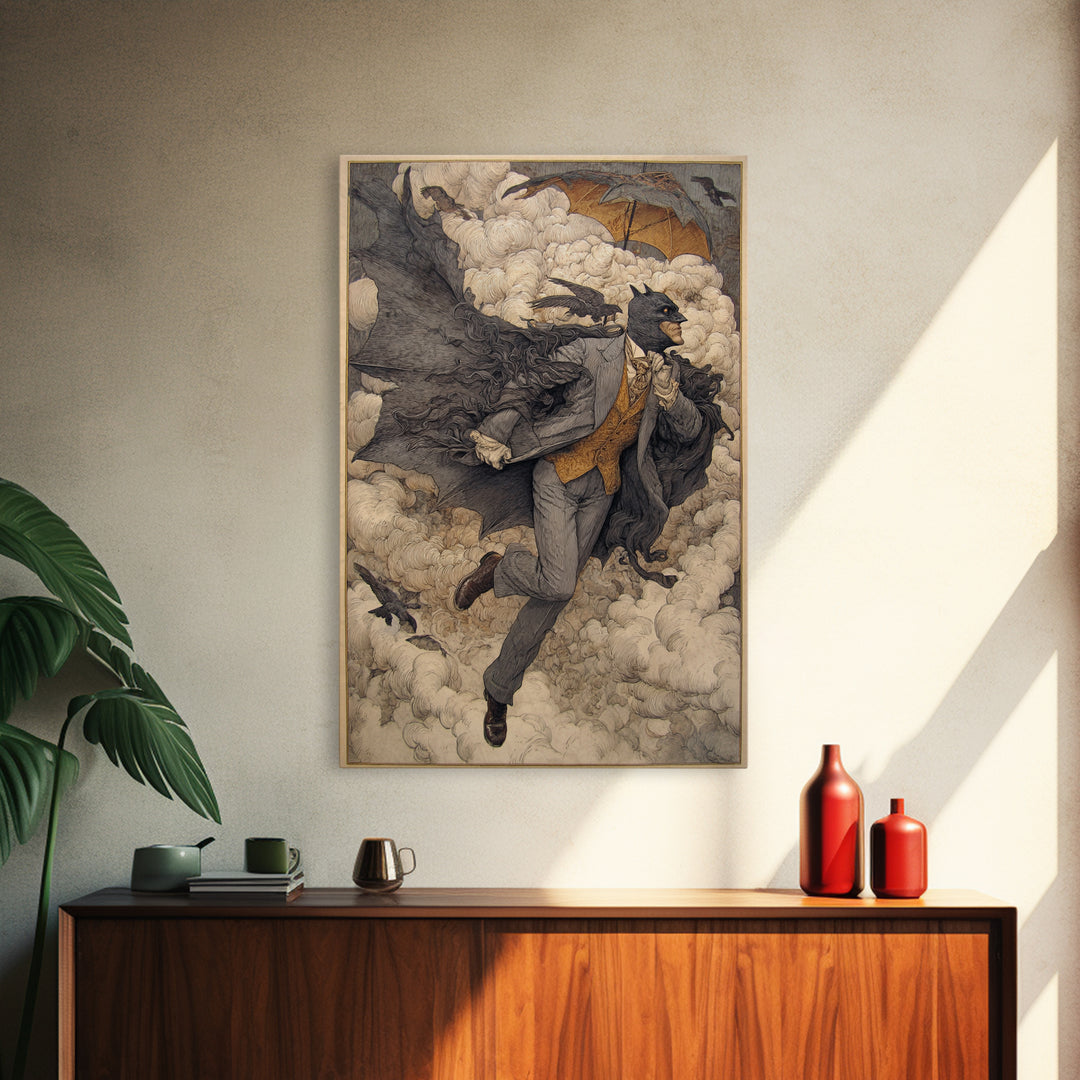 The Bat Umbrella Salesman, Symbolist Death Art, Vertical Wall Art, Dark Fantasy Wall Art, Canvas Print, Halloween Wall Art