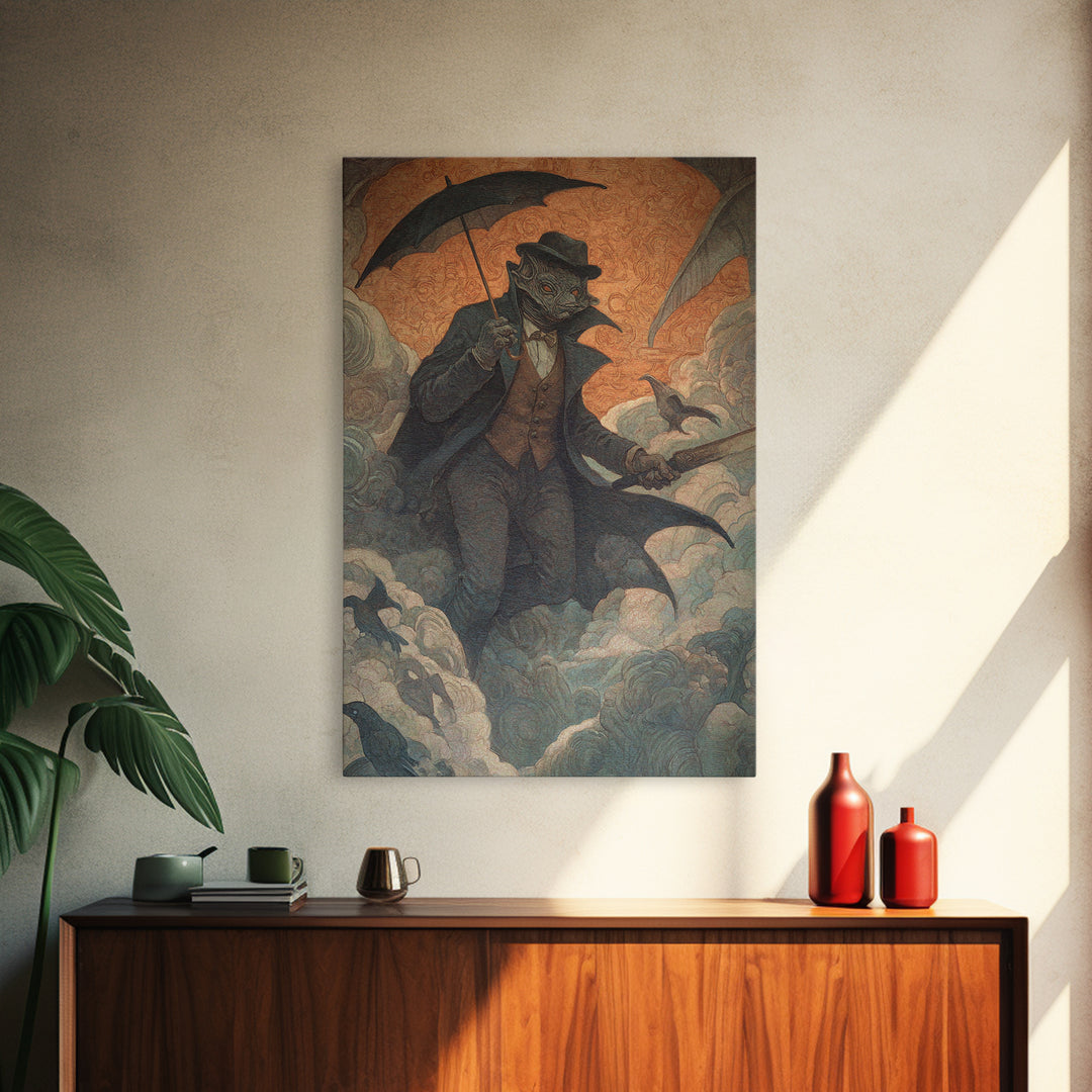 The Bat Umbrella Salesman, Dark Symbolist Art, Vertical Wall Art, Gothic Horror Wall Art, Canvas Print, Halloween Wall Art
