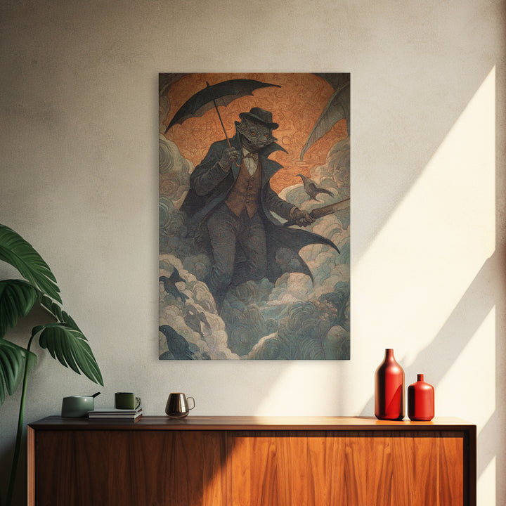 The Bat Umbrella Salesman, Dark Symbolist Art, Vertical Wall Art, Gothic Horror Wall Art, Canvas Print, Halloween Wall Art