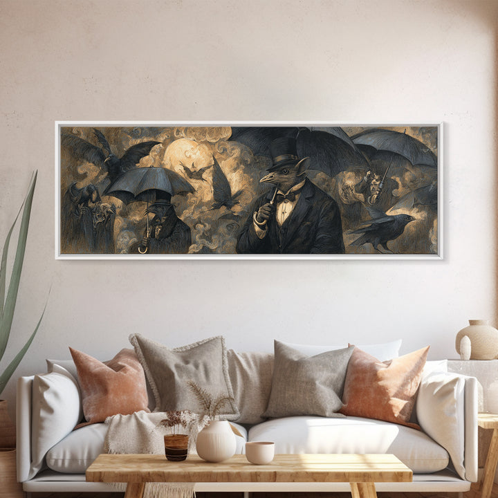 The Bat Umbrella Salesman, Expressionist Nightmare Art, Extra Wide Wall Art, Gothic Horror Wall Art, Canvas Print, Halloween Wall Art