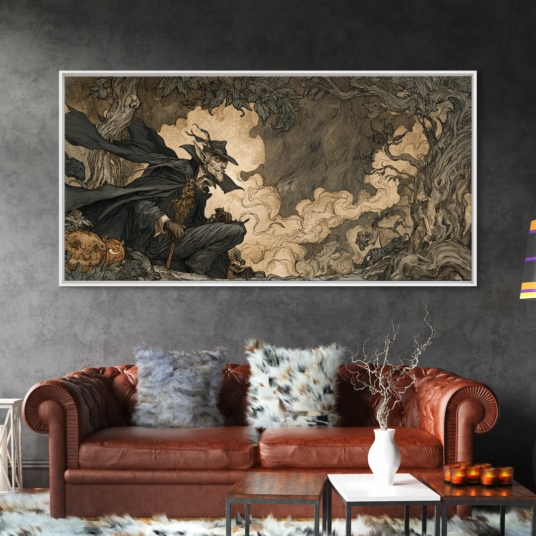 The Bat Umbrella Salesman, Gothic Storybook Art, Wide Panoramic Art, Dark Fantasy Wall Art, Framed Canvas Print, Halloween Wall Art