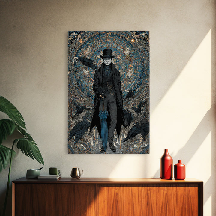The Bat Umbrella Salesman, Stained Glass Gothic Art, Vertical Wall Art, Macabre Wall Art, Canvas Print, Halloween Wall Art, Halloween Decor