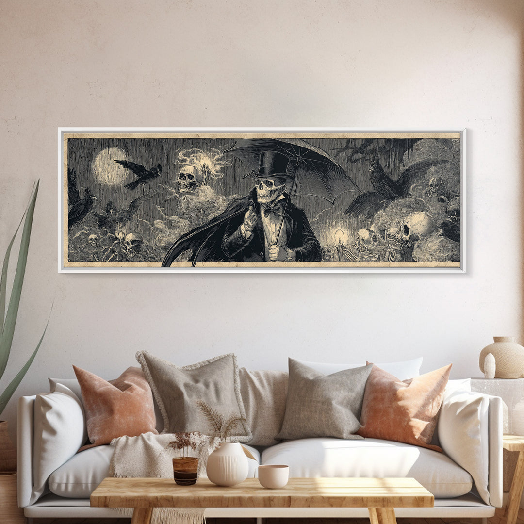 The Bat Umbrella Salesman, Macabre Folk Print Art, Extra Wide Wall Art, Dark Fantasy Wall Art, Canvas Print, Halloween Wall Art