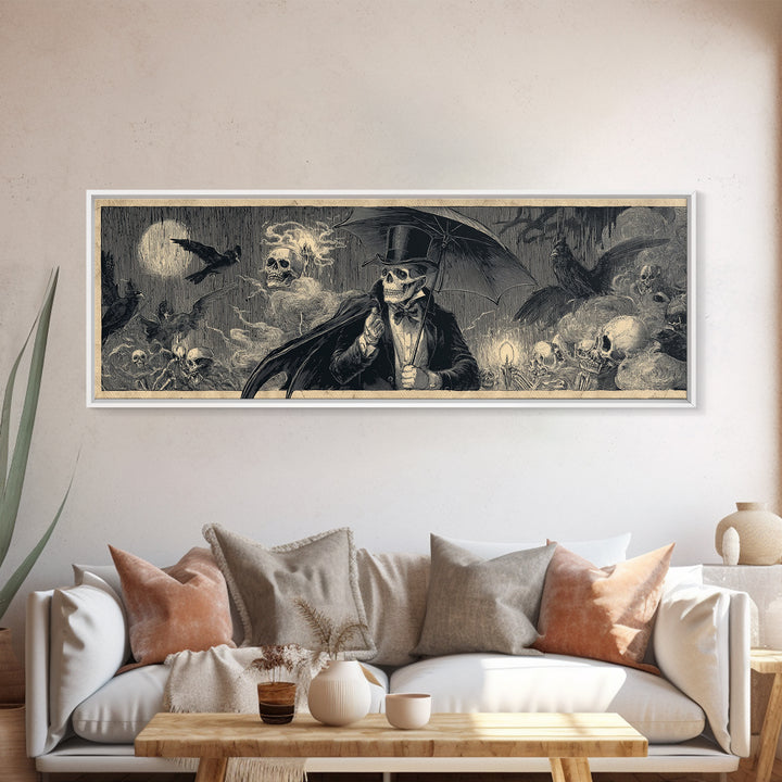 The Bat Umbrella Salesman, Macabre Folk Print Art, Extra Wide Wall Art, Dark Fantasy Wall Art, Canvas Print, Halloween Wall Art